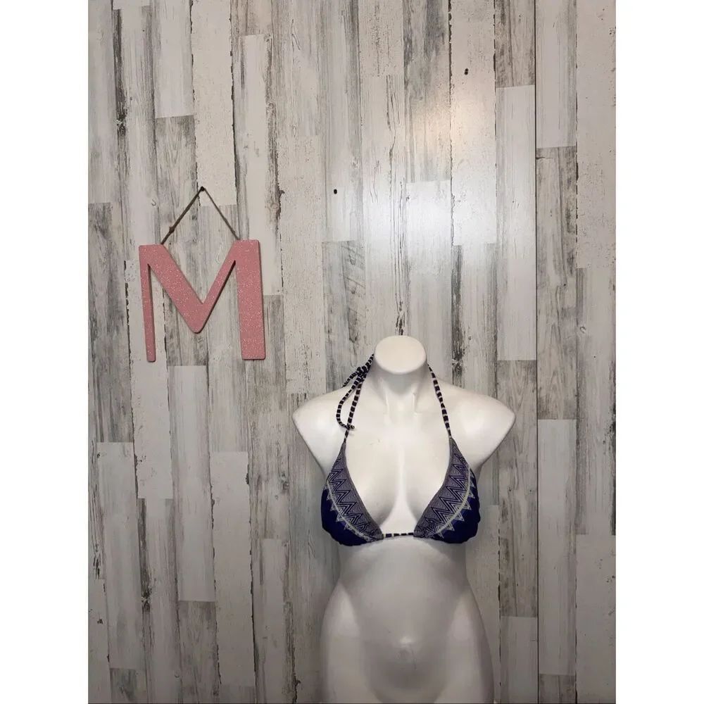 Athleta Bikini Top Medium Blue White Geo Print Triangle Halter Swim